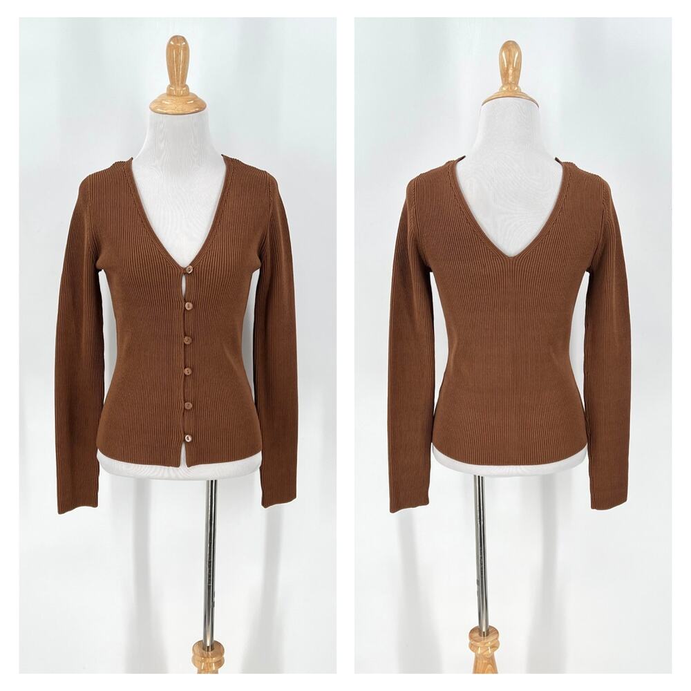 ENZA COSTA Sweater Knit Button Top Womens Medium Brown V neck Long Sleeve Cardi